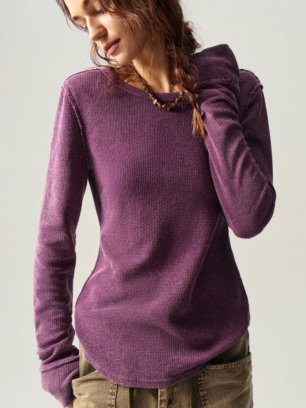 SHEIN Plum Waffle-Knit Long Sleeve Top